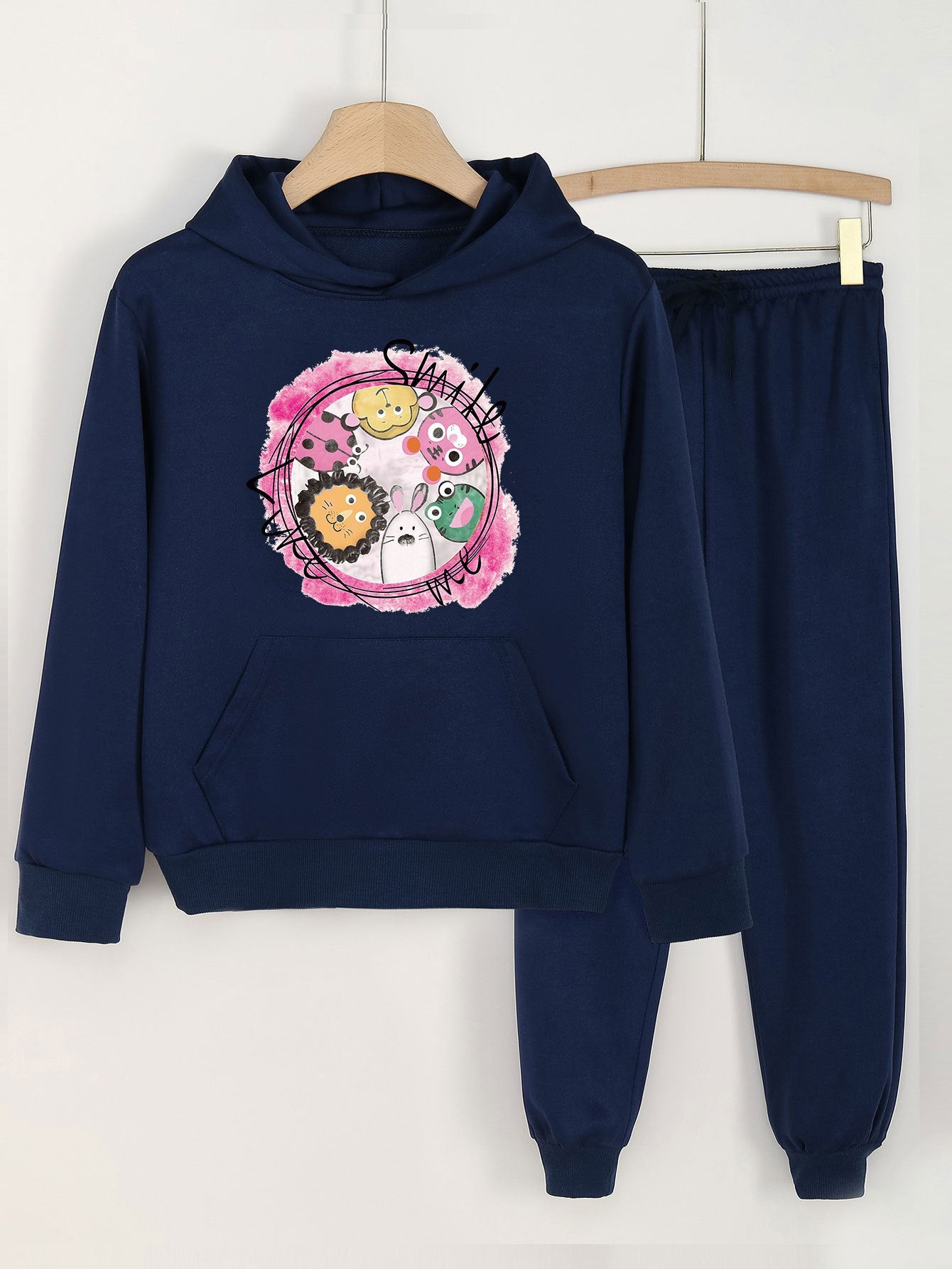2pcs Cartoon Animal Girls Hoodie & Solid Sweatpants Set