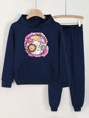 2pcs Cartoon Animal Girls Hoodie & Solid Sweatpants Set