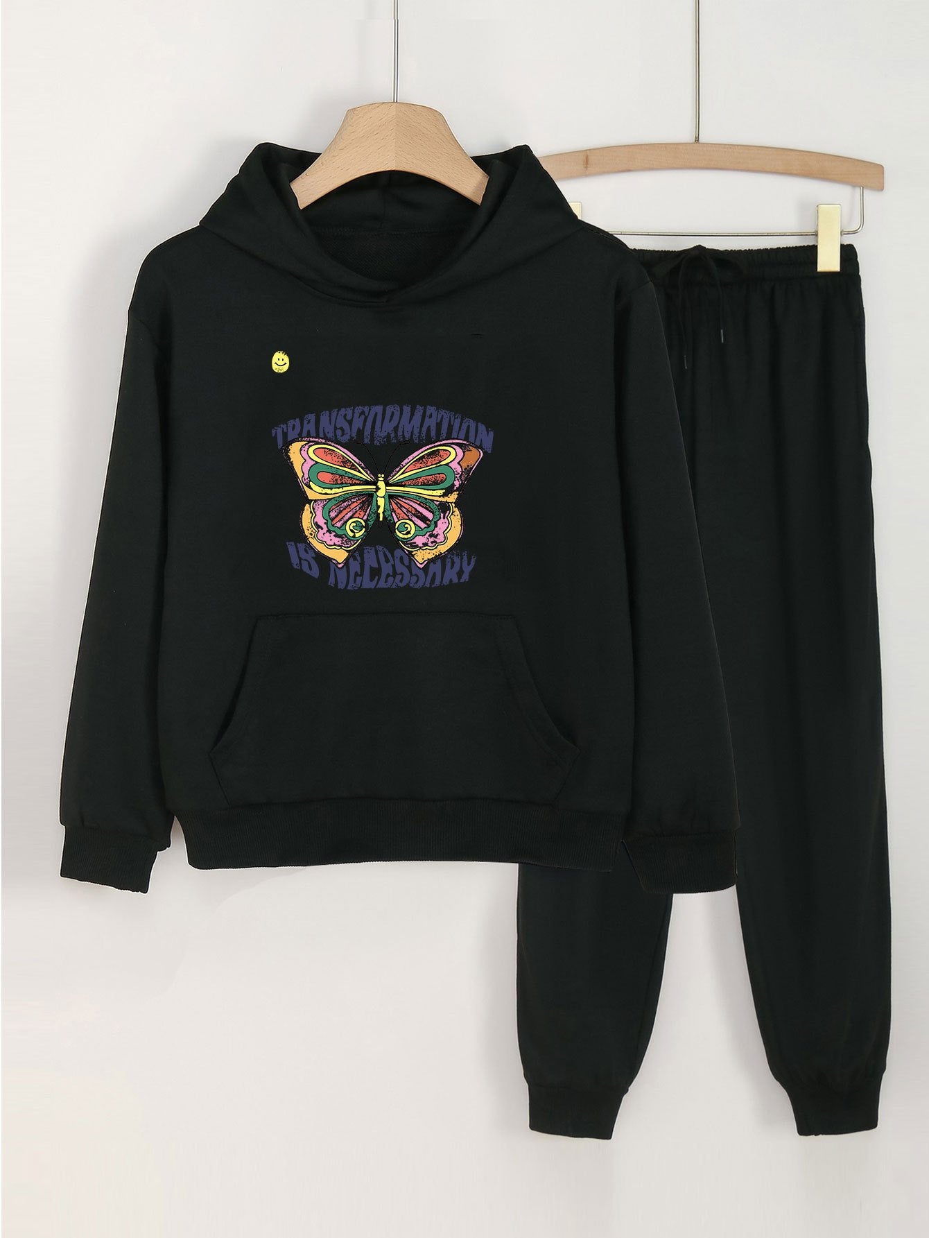 2pcs Butterfly Print Girls Hoodie & Sweatpants Set