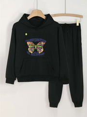 2pcs Butterfly Print Girls Hoodie & Sweatpants Set