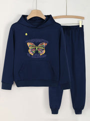 2pcs Butterfly Print Girls Hoodie & Sweatpants Set