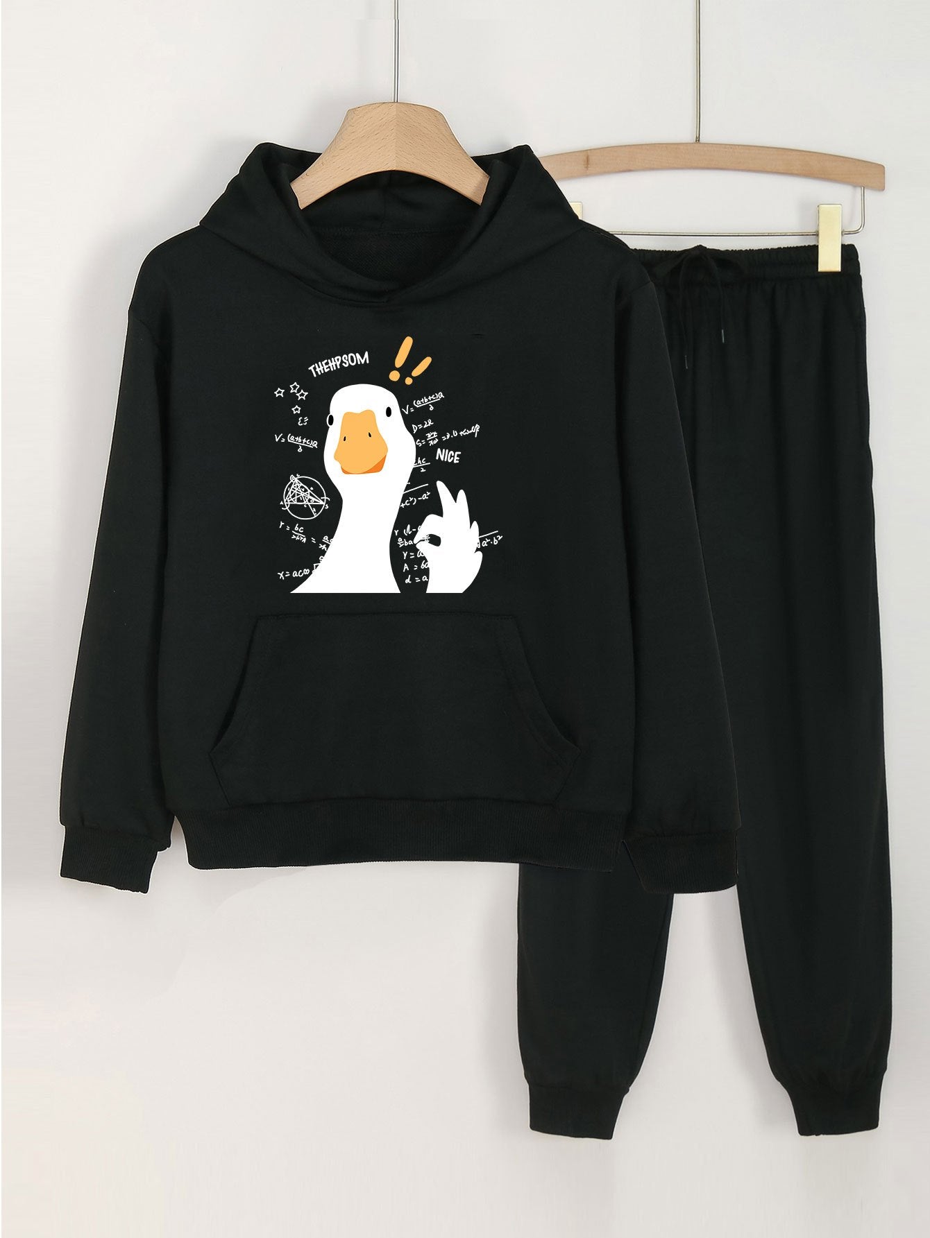 2pcs Goose Print Girls Hoodie & Sweatpants Set