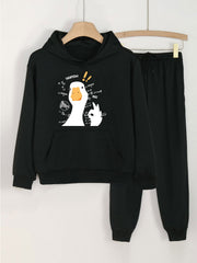 2pcs Goose Print Girls Hoodie & Sweatpants Set