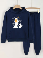 2pcs Goose Print Girls Hoodie & Sweatpants Set