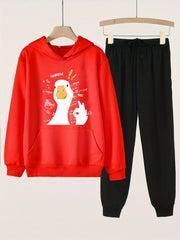 2pcs Goose Print Girls Hoodie & Sweatpants Set
