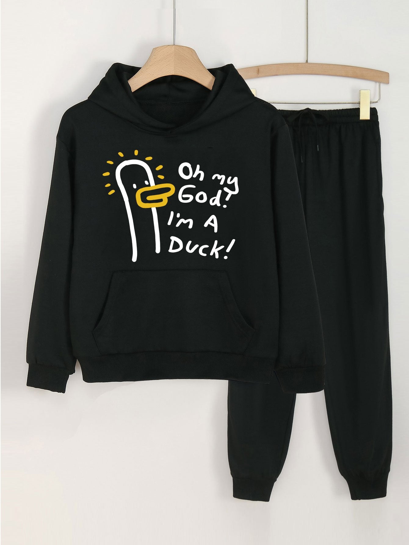 Duck Print Girls Hoodie & Sweatpants Set Kids Casual Long Sleeve Hooded Sweatshi