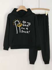 Duck Print Girls Hoodie & Sweatpants Set Kids Casual Long Sleeve Hooded Sweatshi