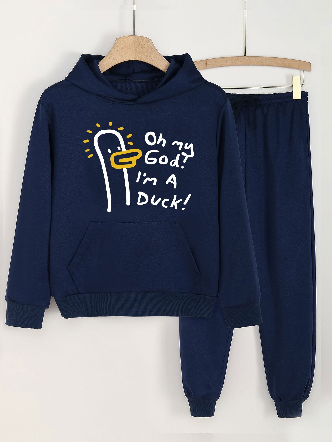Duck Print Girls Hoodie & Sweatpants Set Kids Casual Long Sleeve Hooded Sweatshi