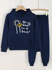 Duck Print Girls Hoodie & Sweatpants Set Kids Casual Long Sleeve Hooded Sweatshi