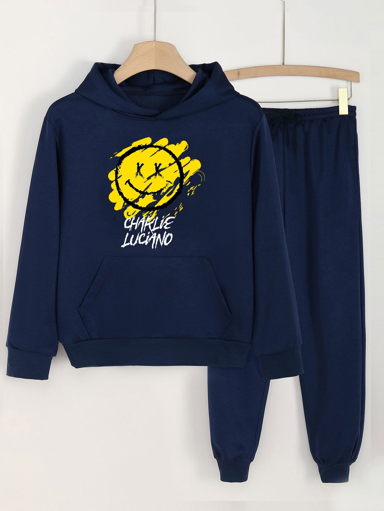 2pcs Smile Face Print Girls Hoodie Kids Casual Long Sleeve Loose Hooded Sweatshi
