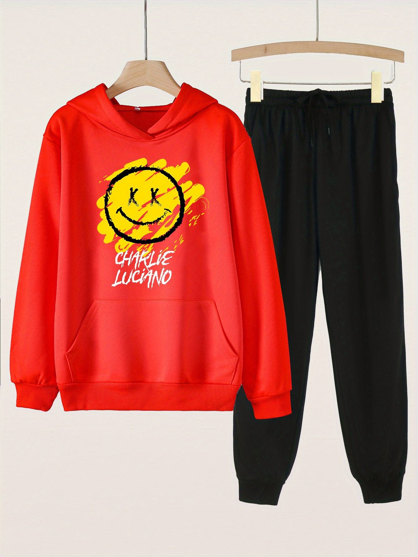 2pcs Smile Face Print Girls Hoodie Kids Casual Long Sleeve Loose Hooded Sweatshi
