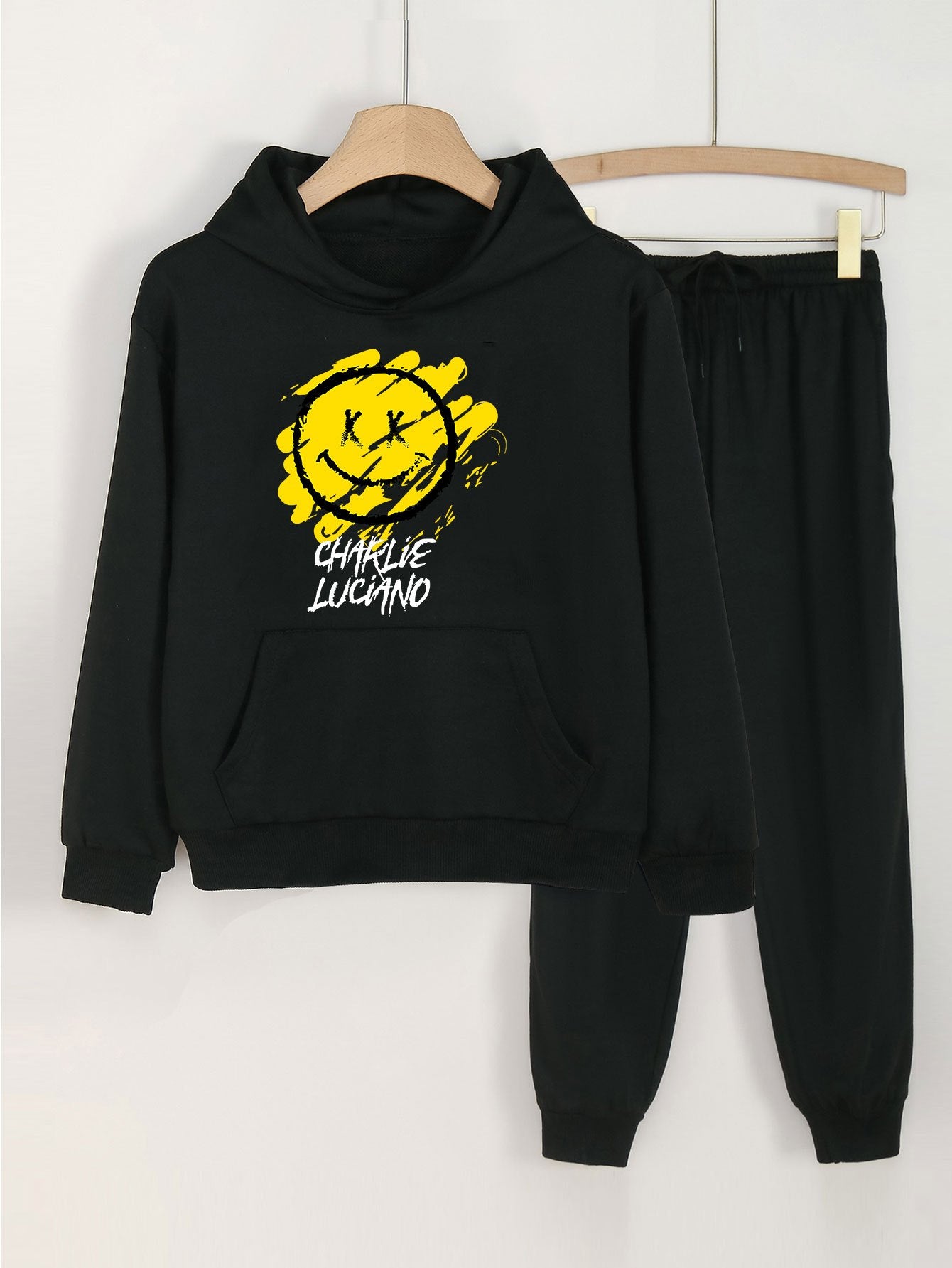 2pcs Smile Face Print Girls Hoodie Kids Casual Long Sleeve Loose Hooded Sweatshi