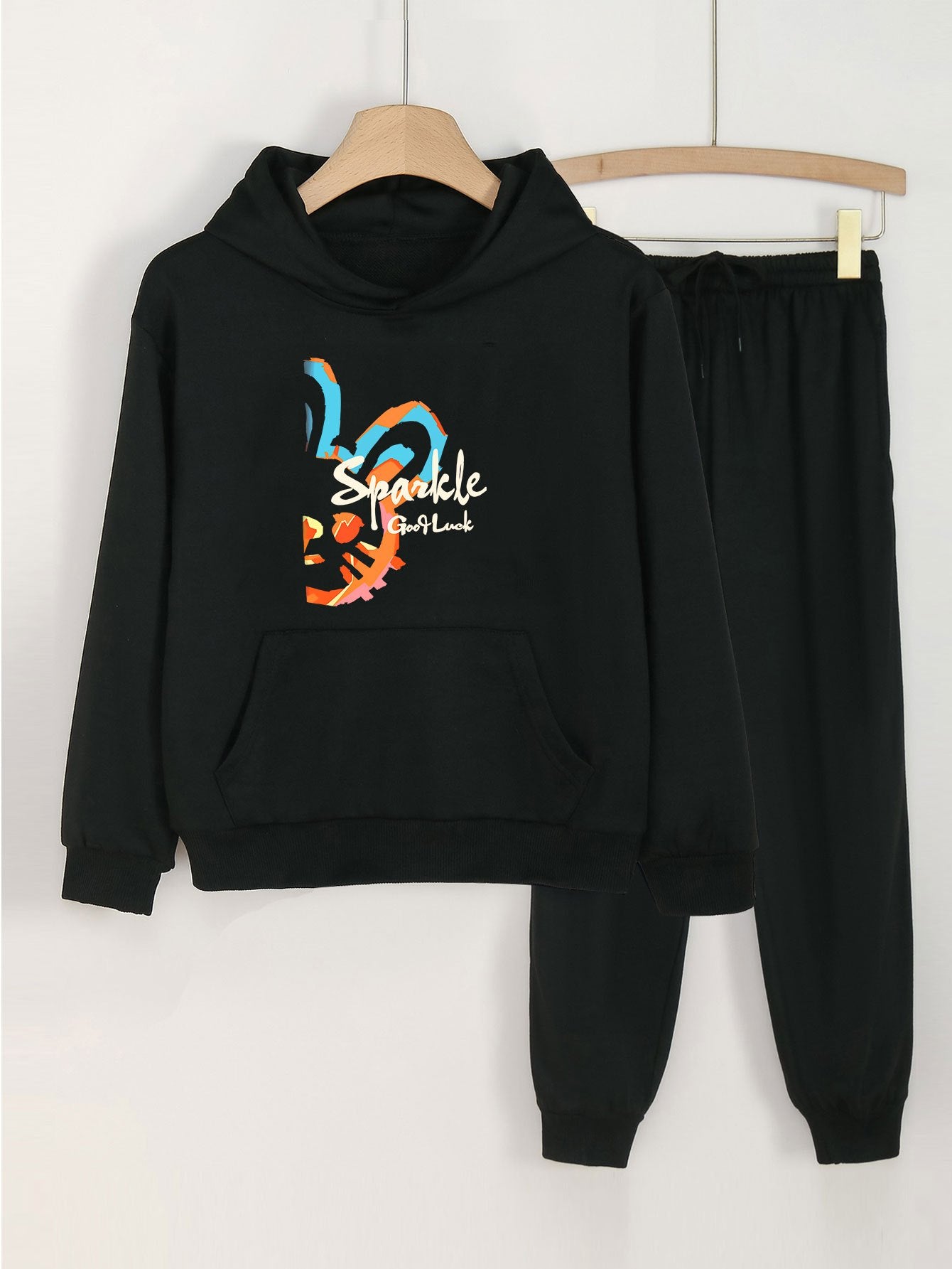 2pcs SPARKLE Girls Hoodie & Sweatpants Set Kids Casual Long Sleeve Loose Hooded