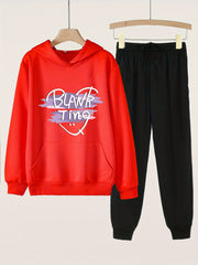Girls Hoodie & Sweatpants Set Kids Casual Long Sleeve Loose Hooded Sweatshirt