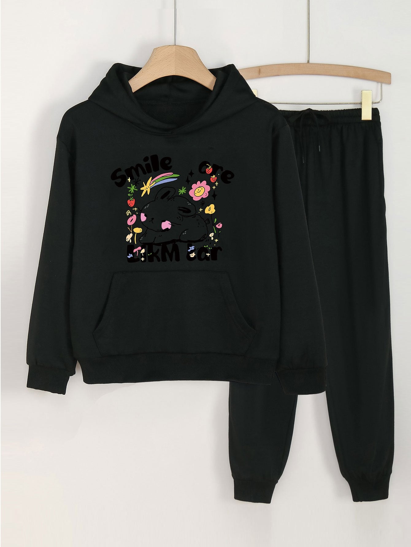 2pcs SMILE Print Girls Hoodie Kids Casual Long Sleeve Loose Hooded Sweatshirt