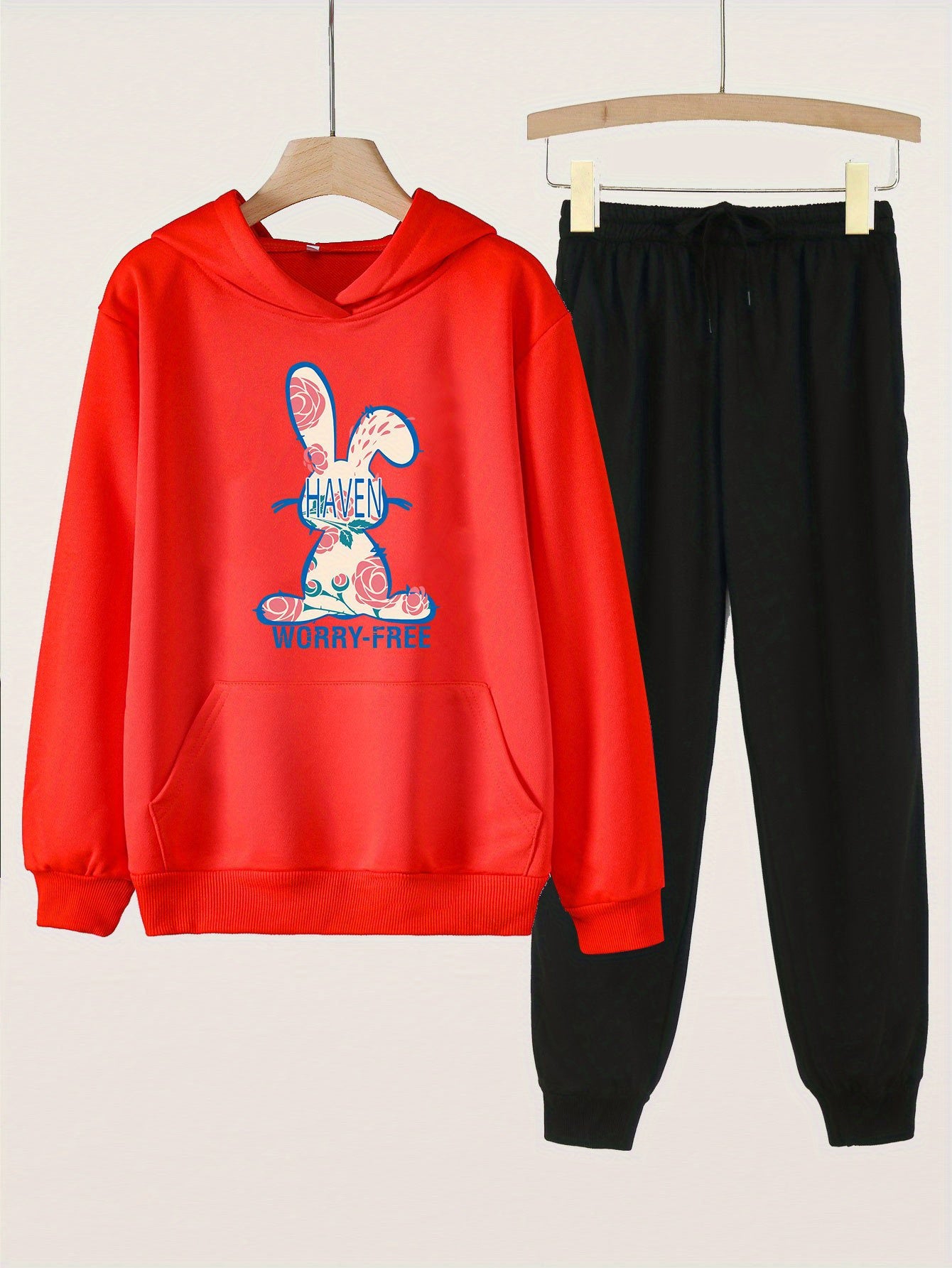 2pcs Cartoon Rabbit Print Girls Hoodie & Sweatpants Set for Kids