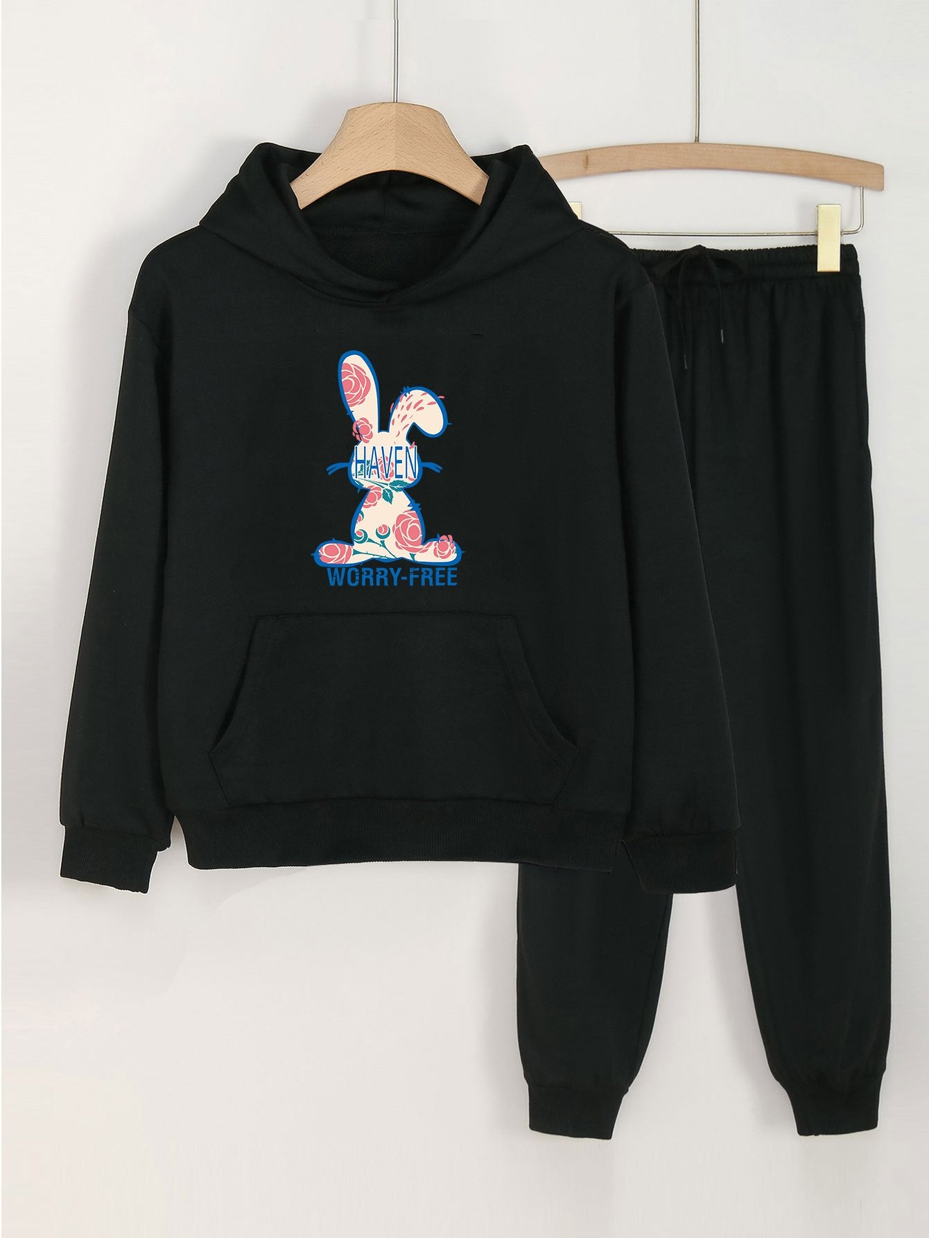 2pcs Cartoon Rabbit Print Girls Hoodie & Sweatpants Set for Kids