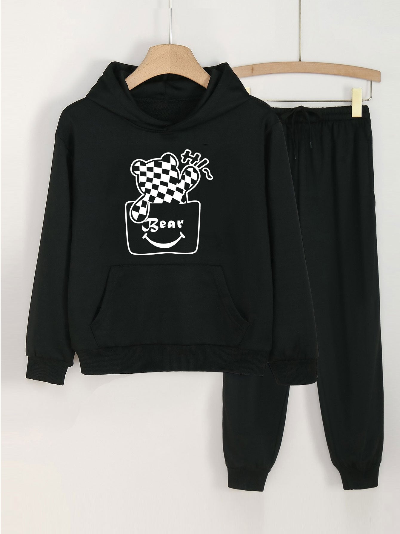2pcs Bear Print Girls Hoodie Kids Casual Loose Hooded Sweatshirt & S