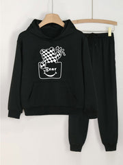 2pcs Bear Print Girls Hoodie Kids Casual Loose Hooded Sweatshirt & S
