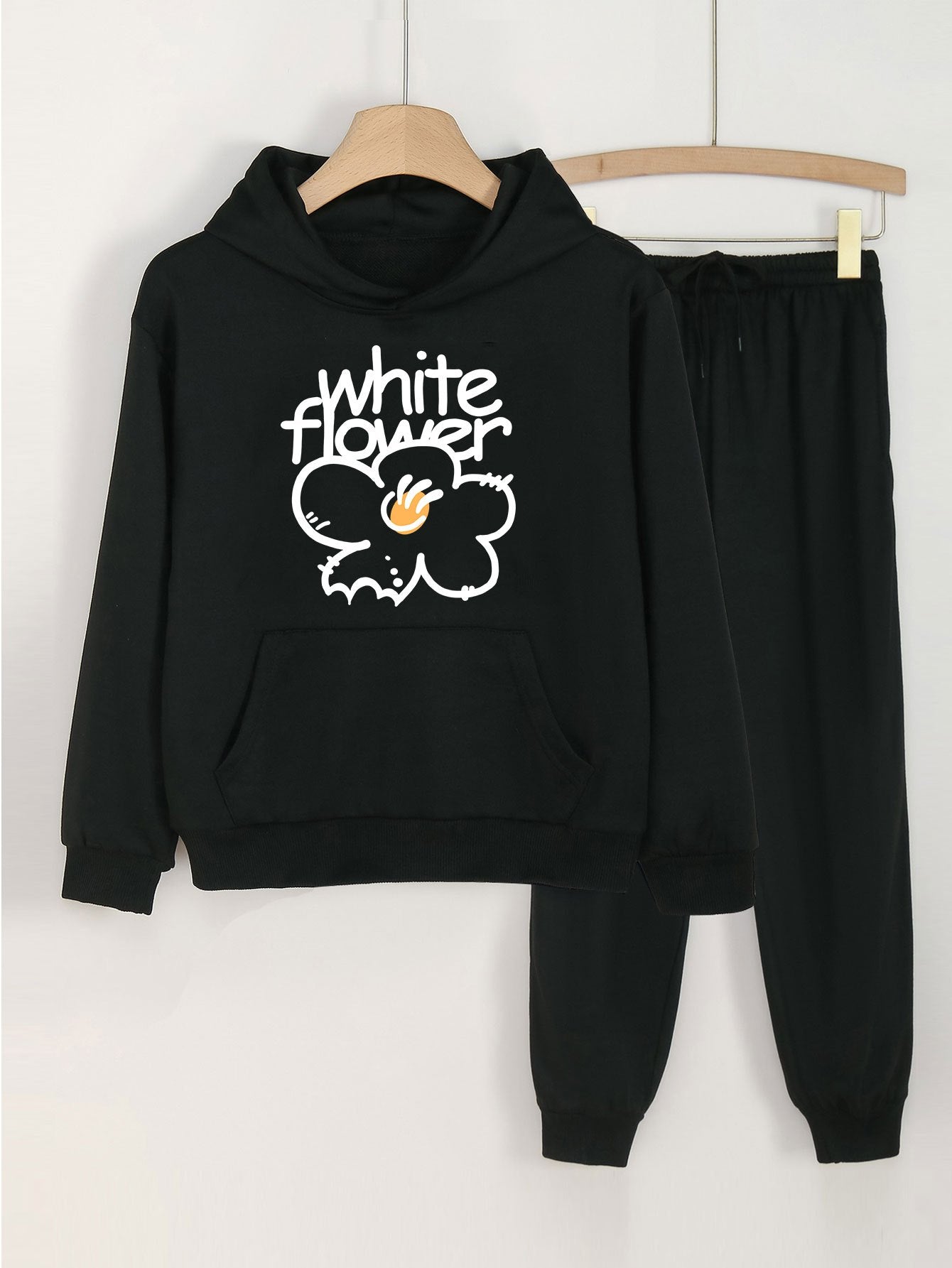 2pcs Flower Print Girls Hoodie & Solid Sweatpants Set