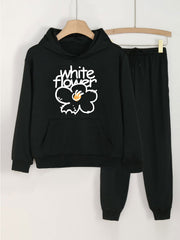 2pcs Flower Print Girls Hoodie & Solid Sweatpants Set