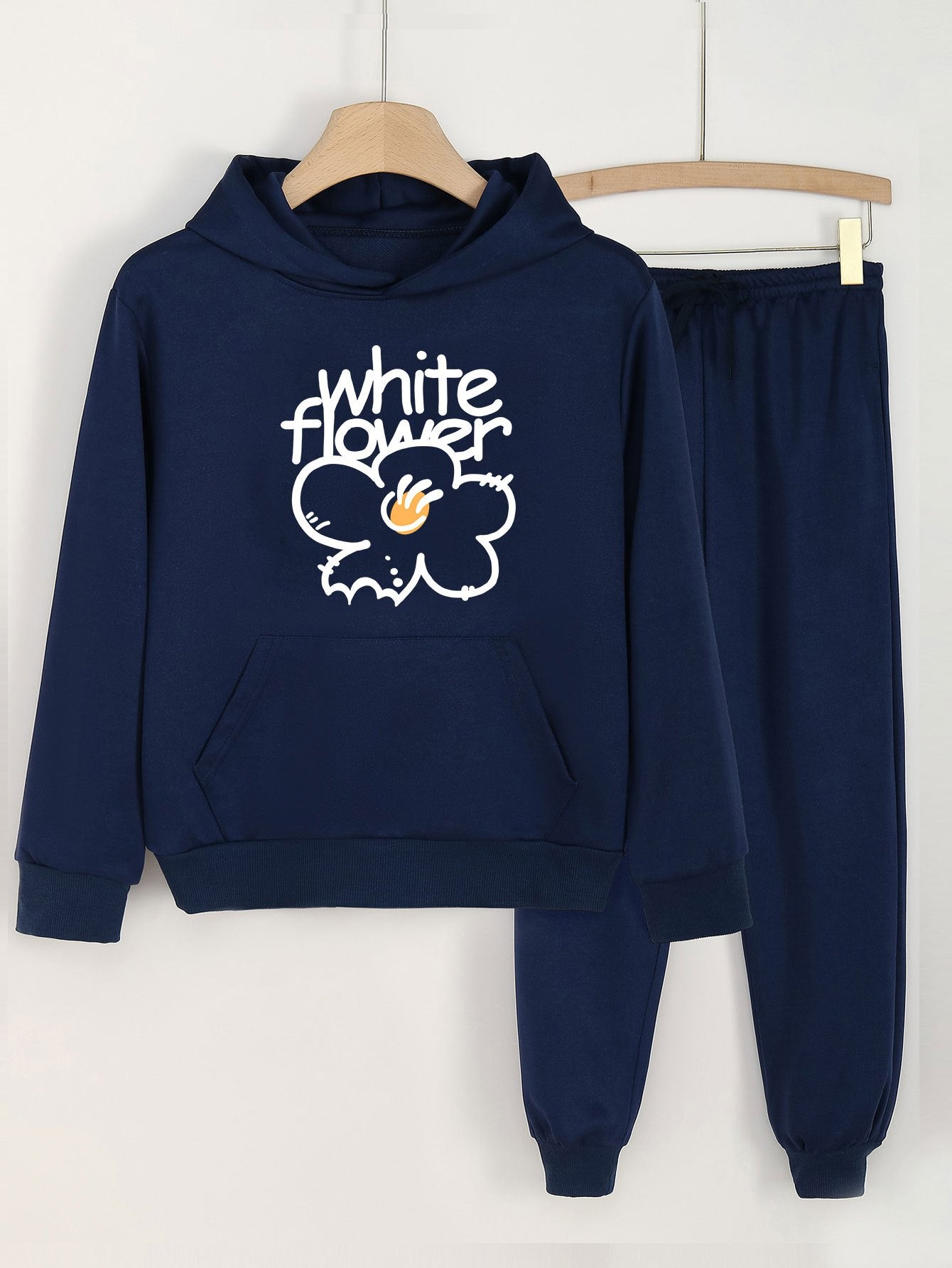 2pcs Flower Print Girls Hoodie & Solid Sweatpants Set