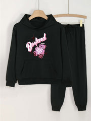 2pcs Bear Print Girls Hoodie & Solid Sweatpants Set