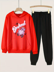 2pcs Bear Print Girls Hoodie & Solid Sweatpants Set