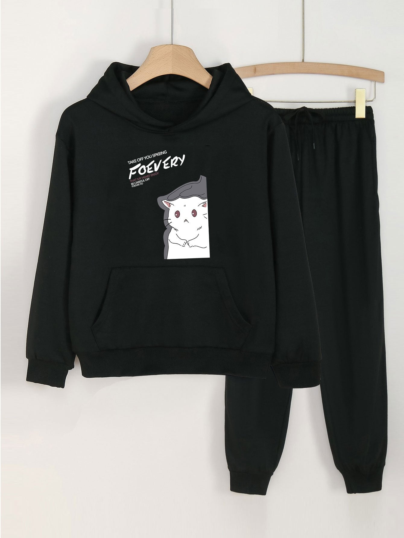 Cat Print Girls Hoodie & Sweatpants Set Kids Casual Long Sleeve