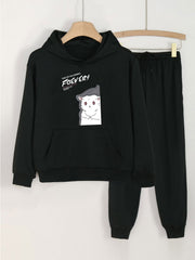 Cat Print Girls Hoodie & Sweatpants Set Kids Casual Long Sleeve