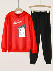 Cat Print Girls Hoodie & Sweatpants Set Kids Casual Long Sleeve