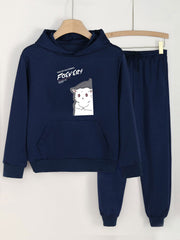 Cat Print Girls Hoodie & Sweatpants Set Kids Casual Long Sleeve