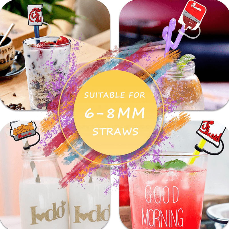 8pcs Fast Food Series Straw Tip Covers Reusable Leakproof Straw Lids