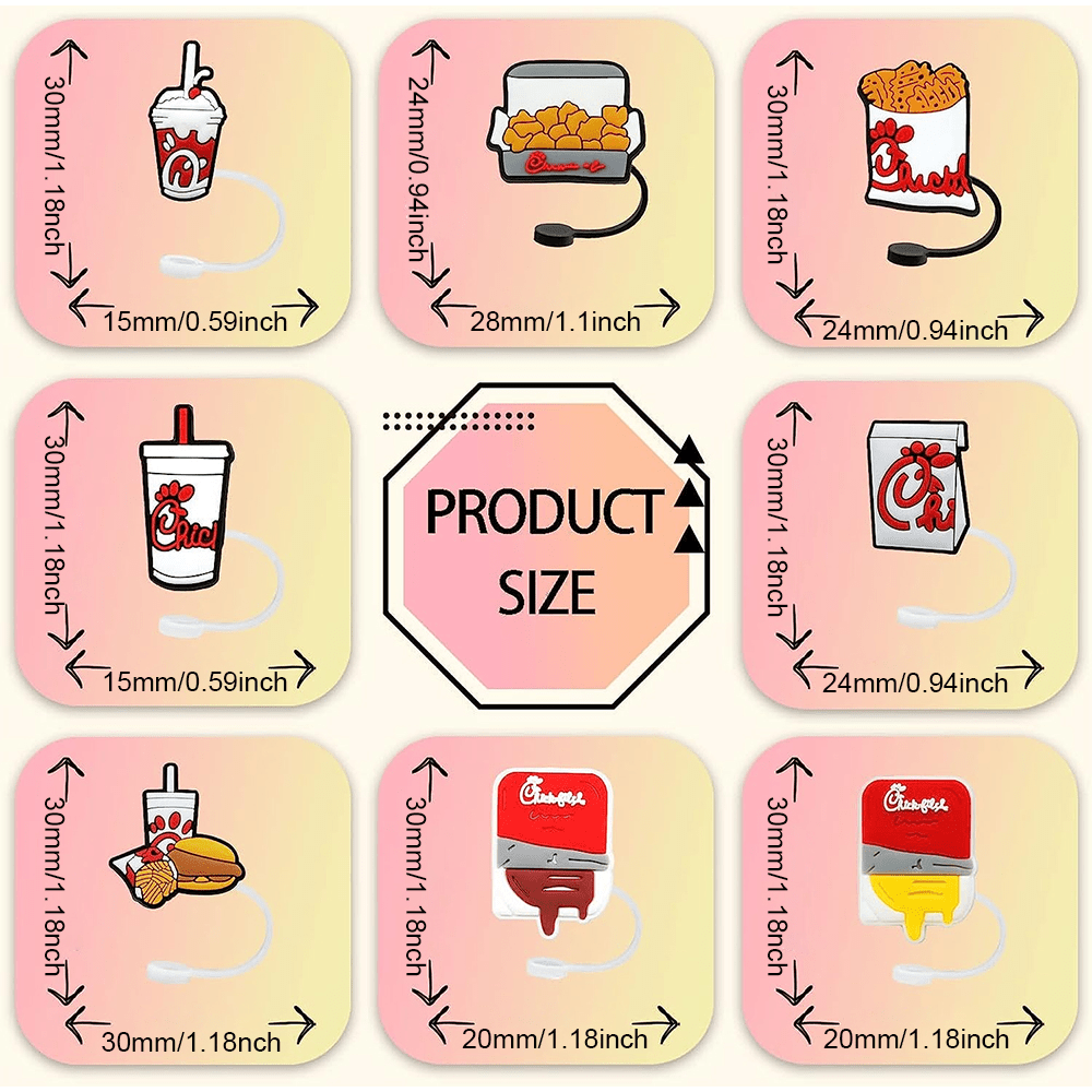 8pcs Fast Food Series Straw Tip Covers Reusable Leakproof Straw Lids