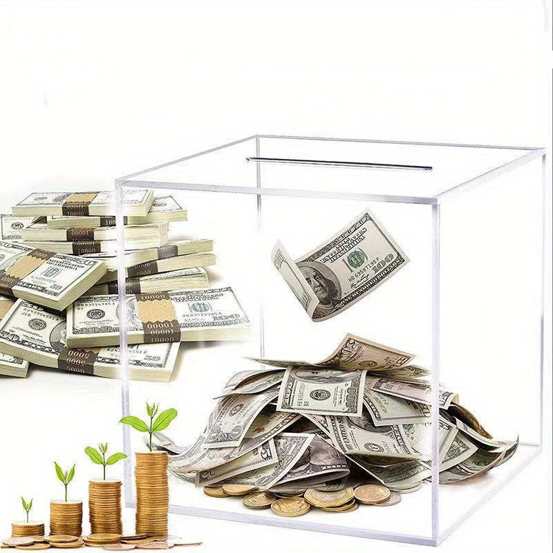 Clear Acrylic Piggy Bank Cash Container Box Coin Jar