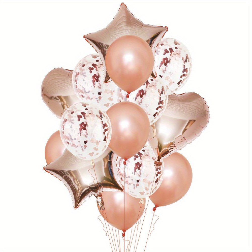 14pcs Colorful Balloons Set with Confetti Ribbon Stars Hearts Decor