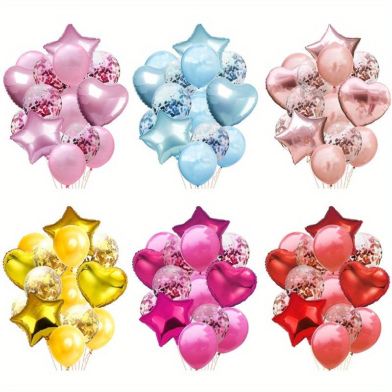 14pcs Colorful Balloons Set with Confetti Ribbon Stars Hearts Decor