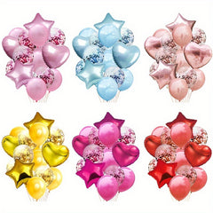 14pcs Colorful Balloons Set with Confetti Ribbon Stars Hearts Decor