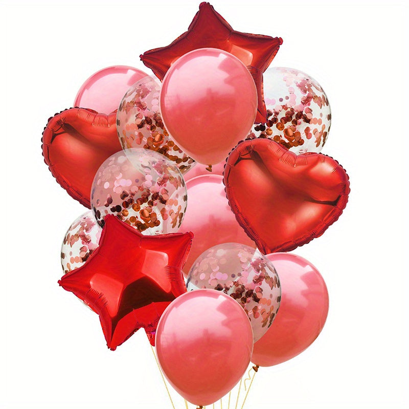 14pcs Colorful Balloons Set with Confetti Ribbon Stars Hearts Decor