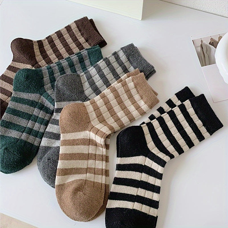 5 Pairs Men's Striped Crew Socks Breathable Comfy Casual Unisex Socks