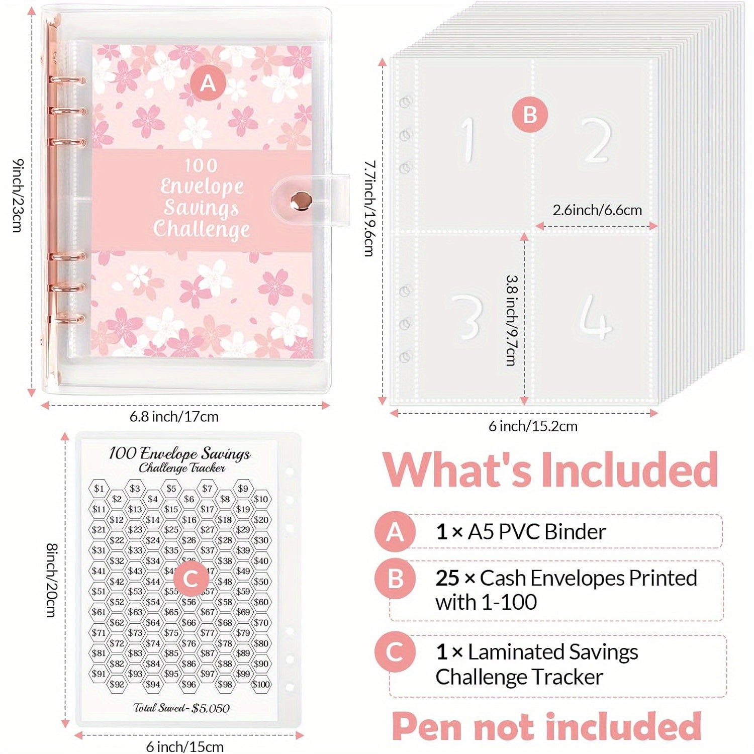 100 Envelopes Money Saving Challenge Binder with Tracker Sheet & Pockets
