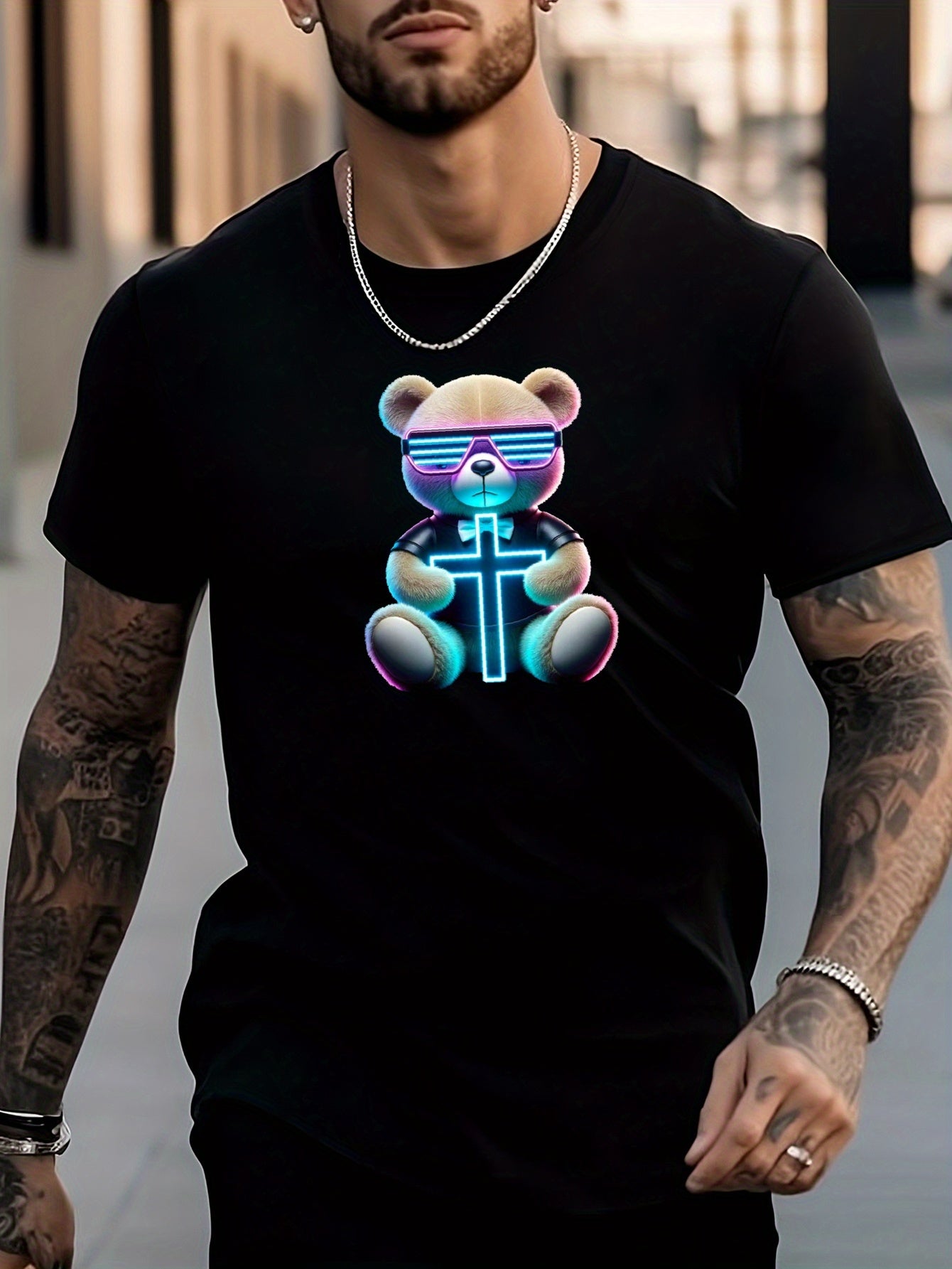 Men's Bear Pattern Shirt Casual Short Sleeve Tee Top