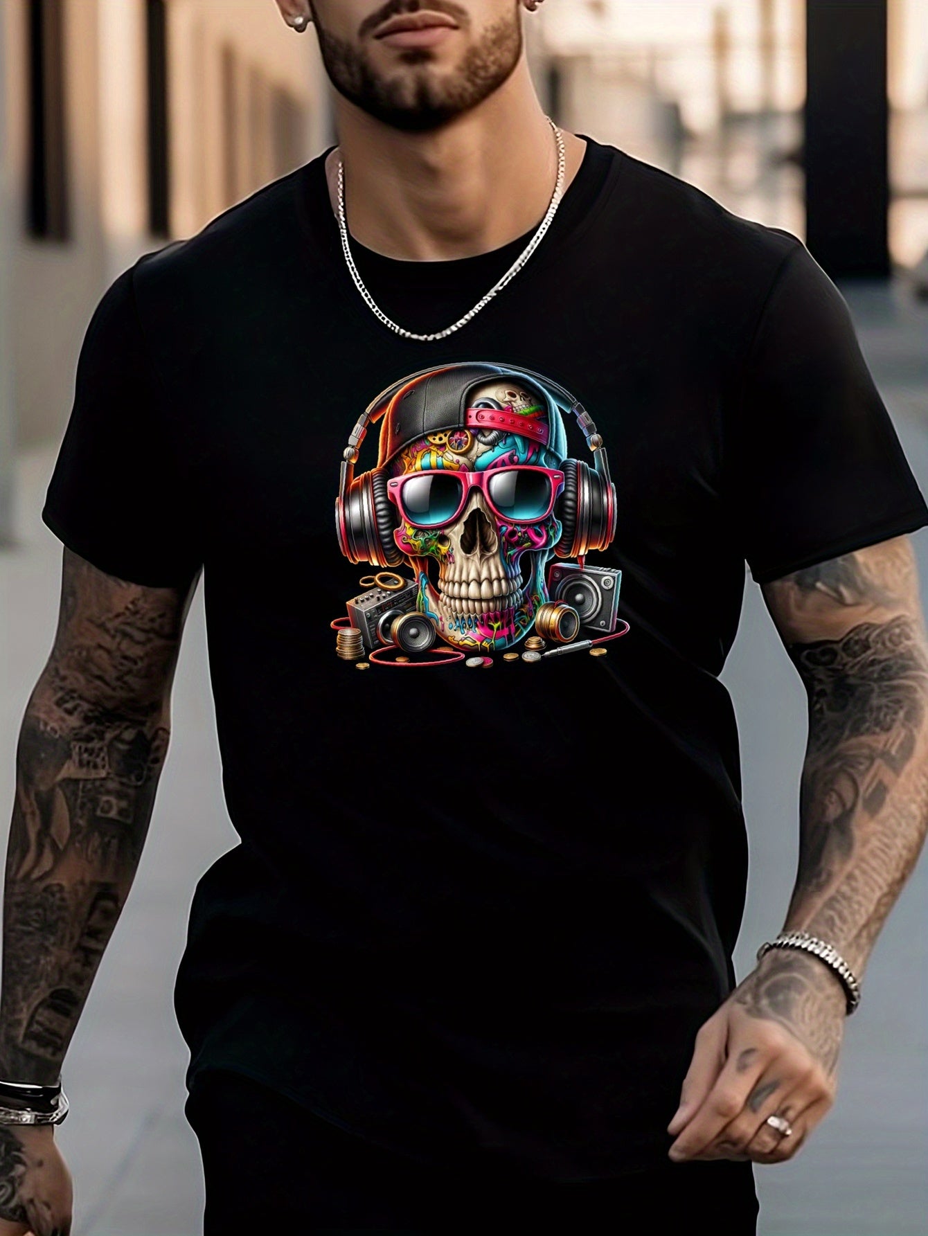 Men's Stylish Skull Pattern Shirt Casual Crew Neck Short Sleeve Tee