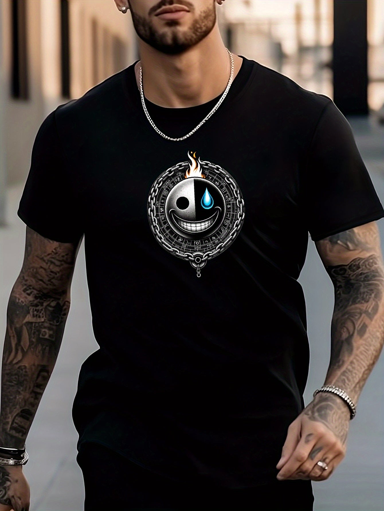 Men's Stylish Smiling Face Pattern Shirt Casual Breathable Tee Top