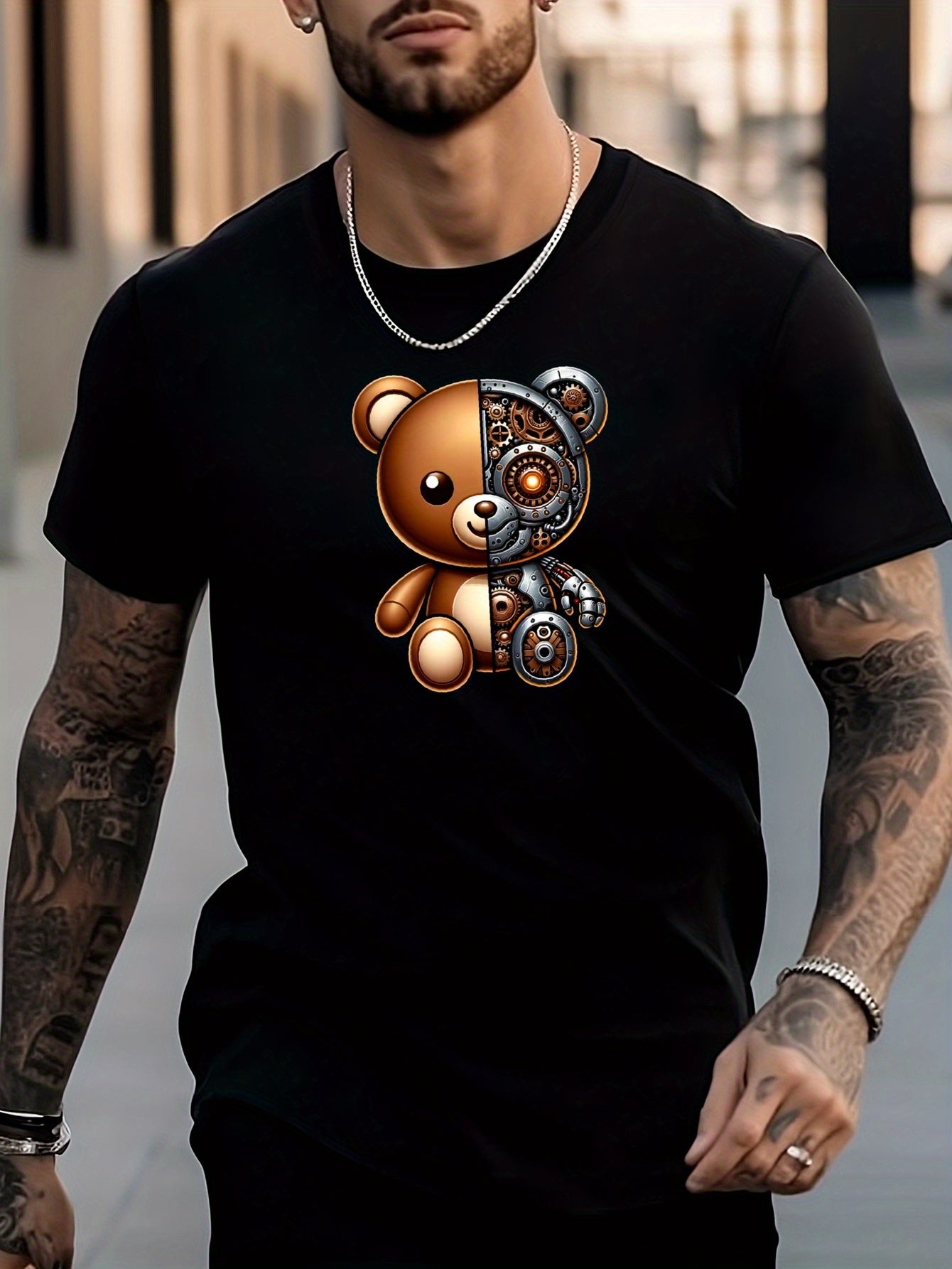 Men's Bear Pattern Shirt Casual Short Sleeve Tee Top