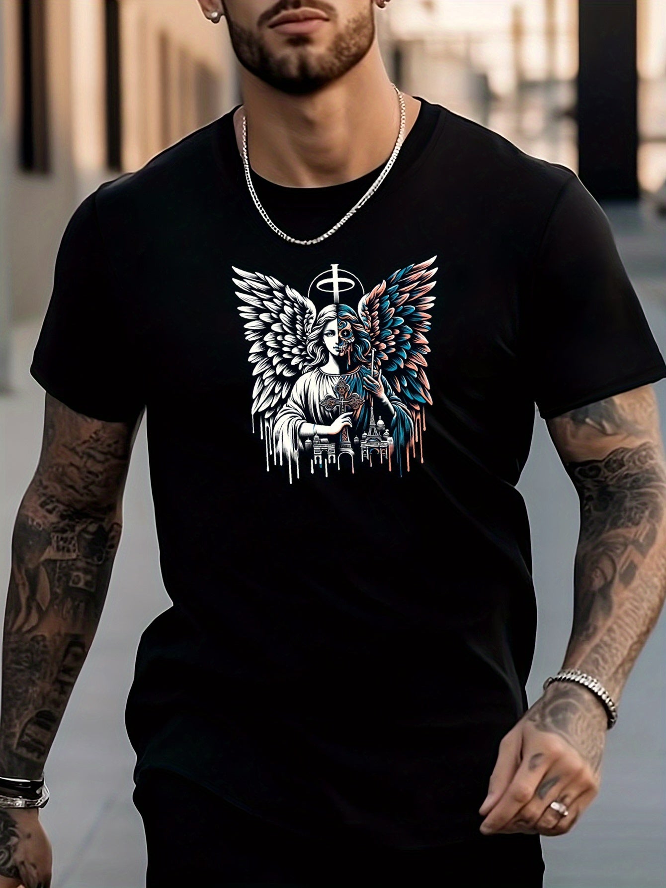 Men's Angle Pattern Shirt Stylish Crew Neck Tee Top