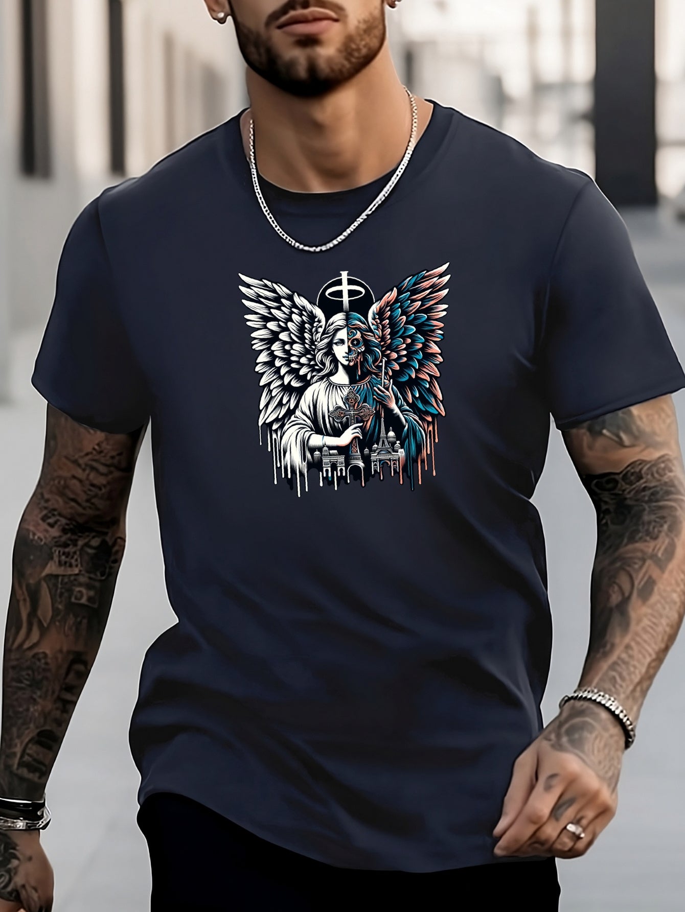 Men's Angle Pattern Shirt Stylish Crew Neck Tee Top