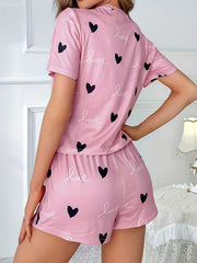 Heart Print Pajamas Set Short Sleeve Crew Neck Top & Shorts Women's Sleepwear
