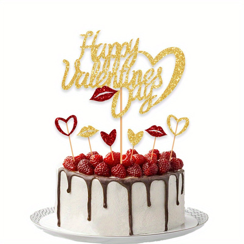 7pcs Glitter Sweet Love Cake Toppers Paper Insert Cake Picks Cake Decorations
