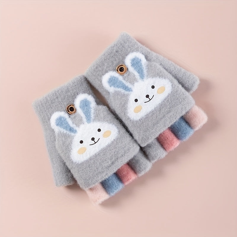 2 Pairs Cartoon Winter Five Fingers Gloves Thick Knitted Warm Gloves